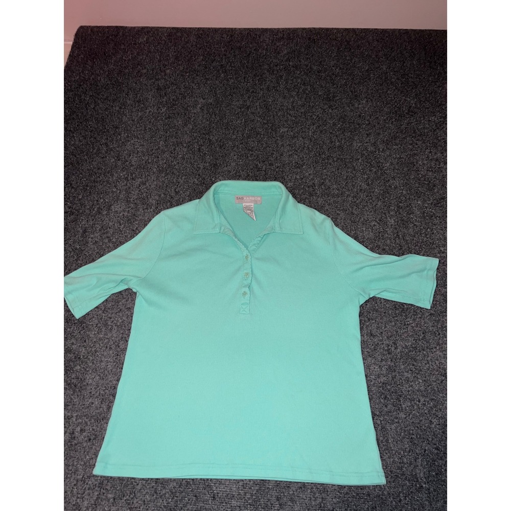 Sag Harbor Sport Womens Medium Mint Green Ribbed Short Sleeve Polo Shirt